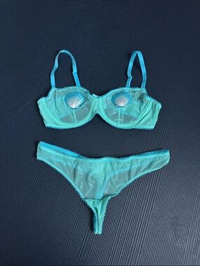 Adore Me Sheer Aqua Teal Shell Underwire Bra 38C & Thong Large